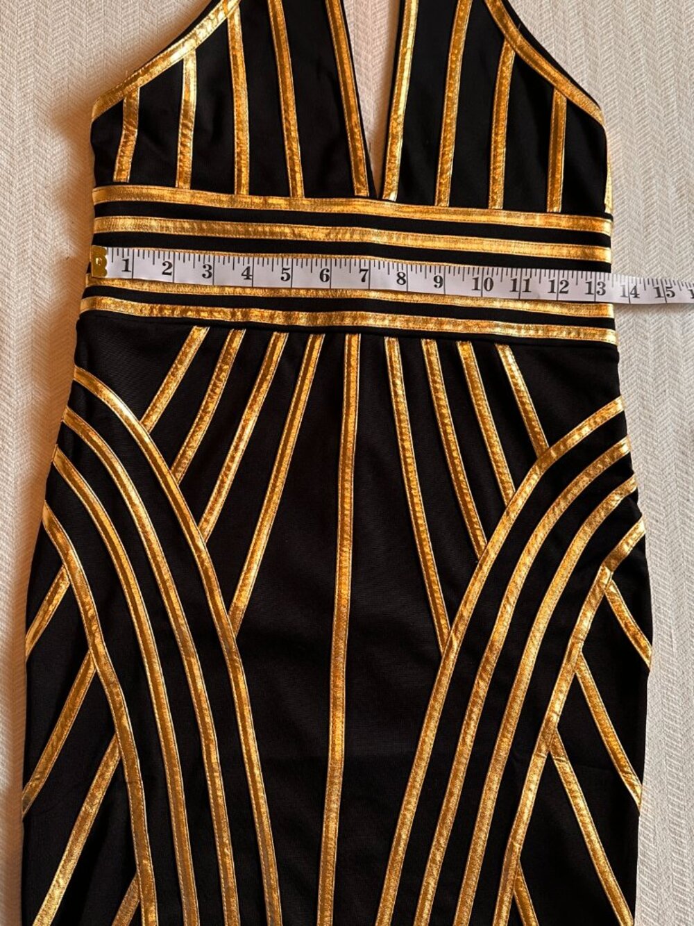 CARBON JEANS COMPANY Art Deco Black & Gold Metallic Halter Mini Dress Sz M NWT - Picture 8 of 14